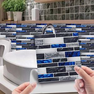 PVC Backsplash Tile <strong>for</strong> Kitchen Peel and Stick - Marble White Embellished With Black Wall <strong>Stickers</strong> - Product Image 2