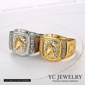 Bague Chevalière Vintage en Acier Inoxydable 316L, Sertie de Diamants CZ, Tête de Cheval, Plaqué Or 18K, Bijoux Biker Punk pour Homme - Product Image 1