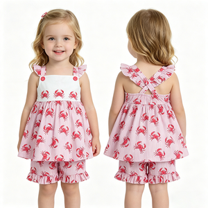 En stock, recién llegado: Conjunto de ropa de verano sin espalda con diseño de cangrejo para bebés y niñas pequeñas, venta al por mayor, ropa linda de boutique para bebés y niños. - Product Image 6