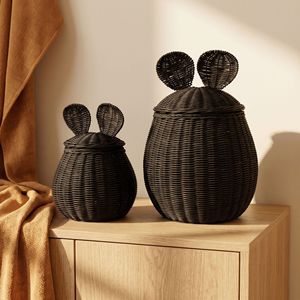 Cesta de Almacenamiento de Ratán Natural Tejida a Mano con Tapa de Orejas de Conejo, Contenedor Tejido con Forma de Animal para Decoración del Hogar o Cuarto de Niños - Product Image 1