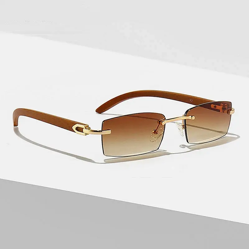 Wholesale Custom Vintage Trendy Women Small Frame Wood Sun Glasses Punk Rimless Rectangle Sunglasses For Men