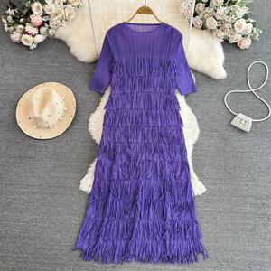 Vestido Largo Elegante con Pliegues, Estilo Socialité, Manga Corta, Cuello Redondo, Corte en A, con Flecos - Product Image 3