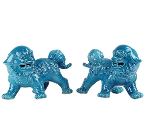 RZKC01จีนเดิมคู่ Cerulean Blue เซรามิค Foo สุนัข Figurines