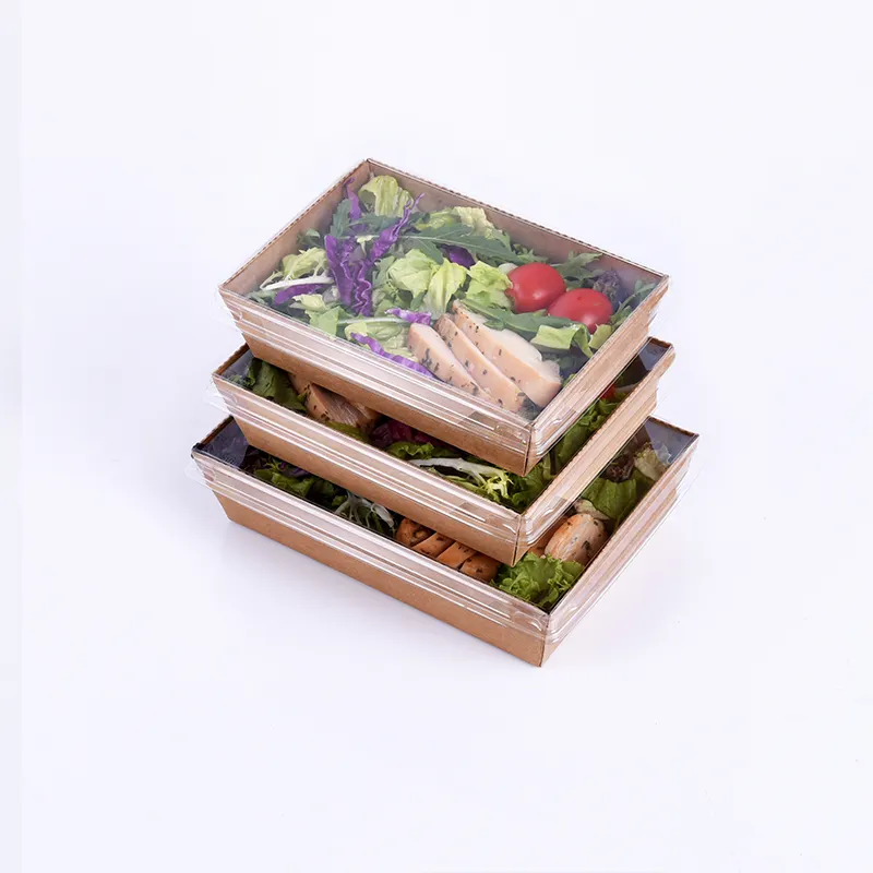 Custom recycle takeaway healthy food box paper disposable packaging lunch grazing platter Kraft salad boxes with window lid