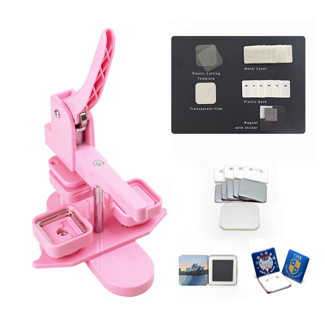 50mm Square Magnet Making Machine Plastic Machine with 100 Sets of Refrigerator Sticker Materials Pink