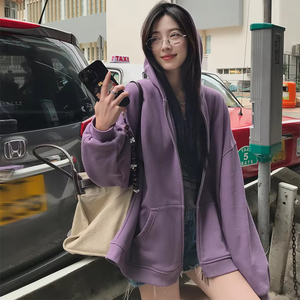 Sudadera con capucha morada de nuevo estilo 2025 para mujer con silueta de tela de rizo de algodón, chaqueta holgada y con doble cremallera - Product Image 1