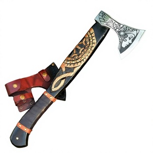Handmade Viking Bearded Axe with Engraved Carbon Steel Head, Carved Wooden Handle and Leather Grip <b>Wrap</b>, Bushcraft Camping - Product Image 4