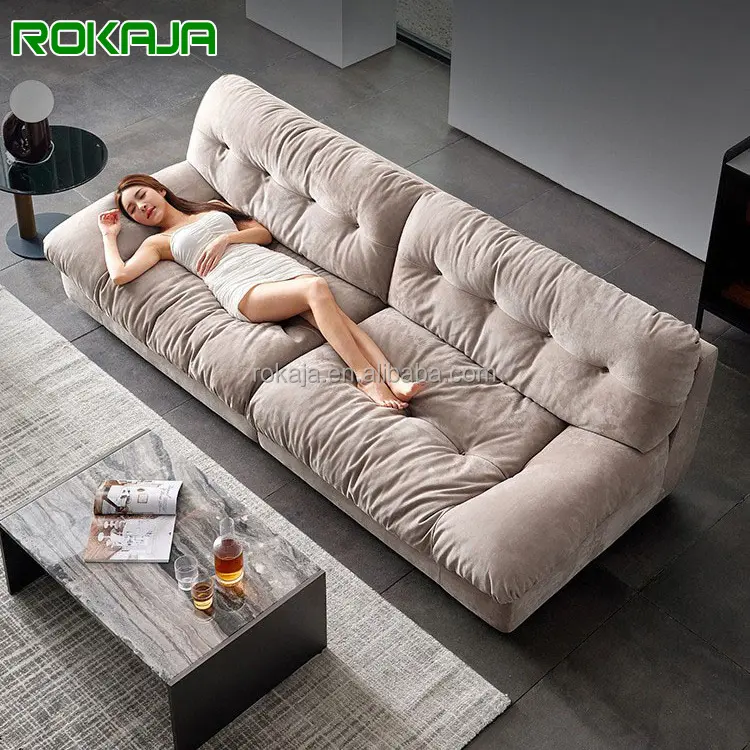 Sofá de luxo com fivela, sofá seccional para baixo, estofos, tecido fosco, lavado, nuvem, sala de estar, sem braço