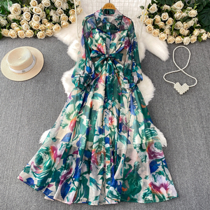 Abito da <span class=keywords><strong>donna</strong></span> con risvolto in pietra preziosa di lusso in stile autunnale con stampa corsetto in vita elegante abito a trape­gatura - Product Image 2