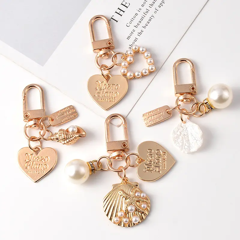 Gros mignon perle coquille porte-clés pendentifs créatif 3D métal petits cadeaux téléphone portable pendentifs porte-clés