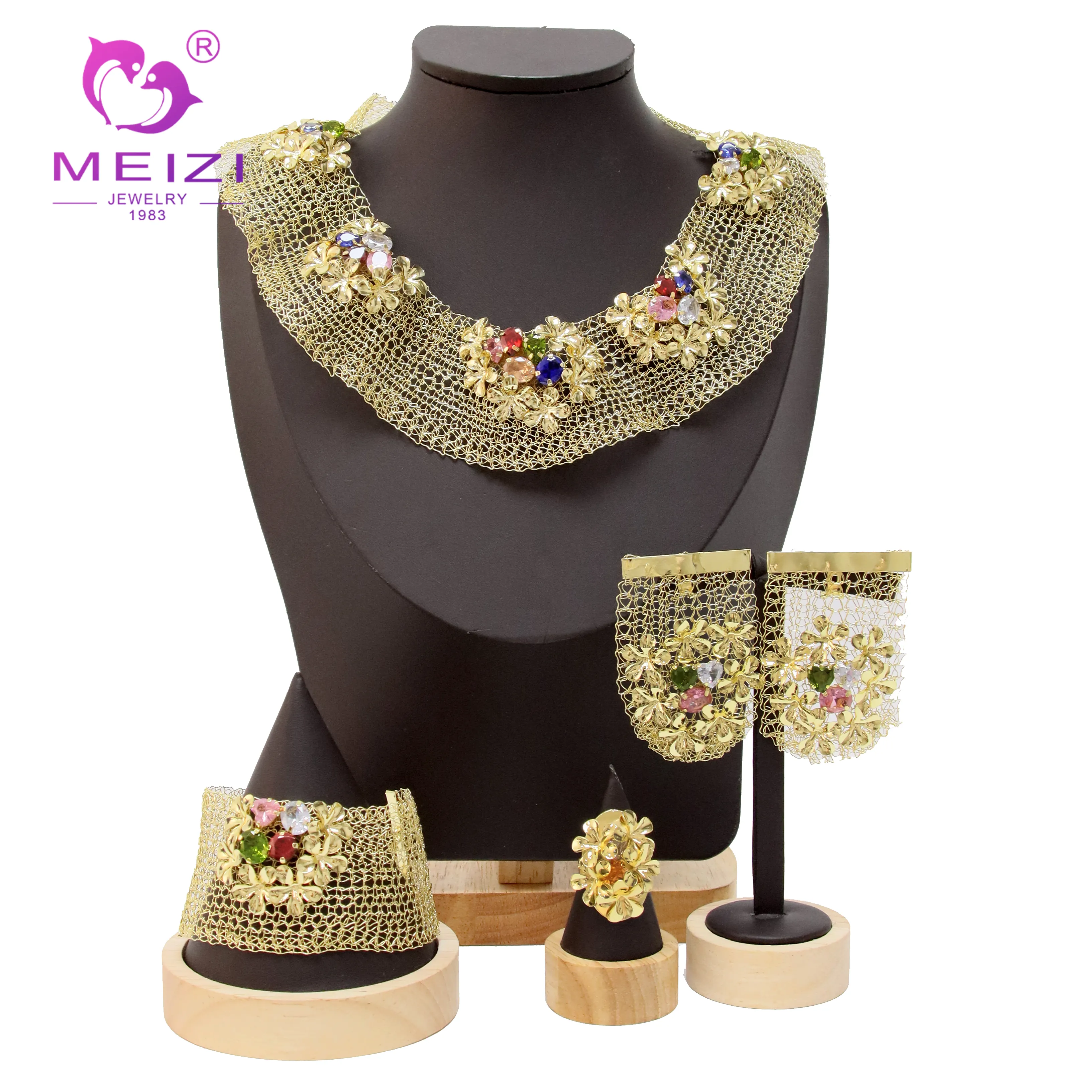 Ensemble de bijoux MEIZI pour femmes Dubai bijoux en cuivre plaqué or 24 carats faits à la main avec placage d'argent pour mariage fiançailles fête