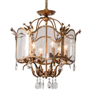 New french chandelier glass drum pendant light antique gold crystal ceiling light