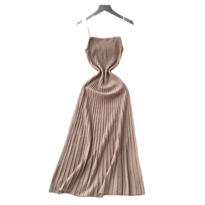 Vestido de punto de verano para mujer, nuevo, elegante, con patrón vertical, cintura ajustada, efecto adelgazante, tipo camisola, falda larga interior. - Product Image 5