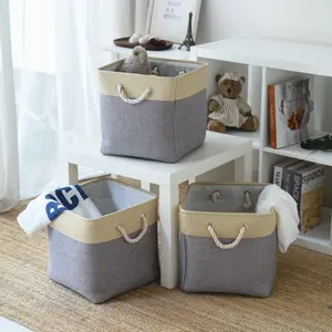 35L Cotton and Linen Cube Foldable Sundries Storage Bins for Shelf Closet Organizer Collapsible Storage Basket with Handles