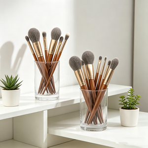 Ensemble de pinceaux de maquillage en bois massif avec finition laquée, 14 pièces, design couleur noyer, pour le maquillage correcteur, le blush et la poudre fixante - Product Image 5