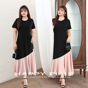 Robe longue asymétrique patchwork Runqi pour femme grande taille, noire, col rond, en satin, coupe sirène, taille naturelle - Product Image 2