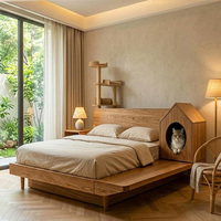 Lit maître japonais en bois massif avec niche intégrée pour animaux, lit flottant adapté aux animaux pour maison d'hôtes, hôtel, appartement
