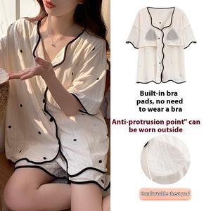 Pijama de verano con patrón floral para mujer, conjunto de ropa de casa dulce con almohadilla de <span class=keywords><strong>pecho</strong></span> de manga corta - Product Image 3