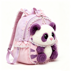 Customized Lolita Style Panda Plush <b>Backpack</b>, Pink & Purple Fluffy <b>Kids</b> School Bag with Lace, Bows & Pearl Details - Product Image 2