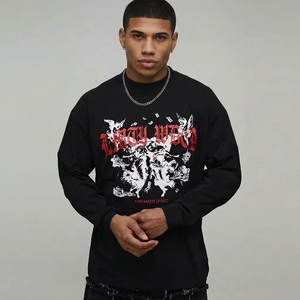 T-Shirt Nera a Maniche Lunghe da Uomo, Stile Streetwear Hip Hop, Vestibilità Ampia, con Stampa Grafica Artistica Gotica - Maglietta all'ingrosso - Product Image 1