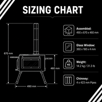 Poêle à bois portable pliable en acier au carbone noir 460 avec grande fenêtre de visualisation, plaque de cuisson et grilles métalliques pour le camping