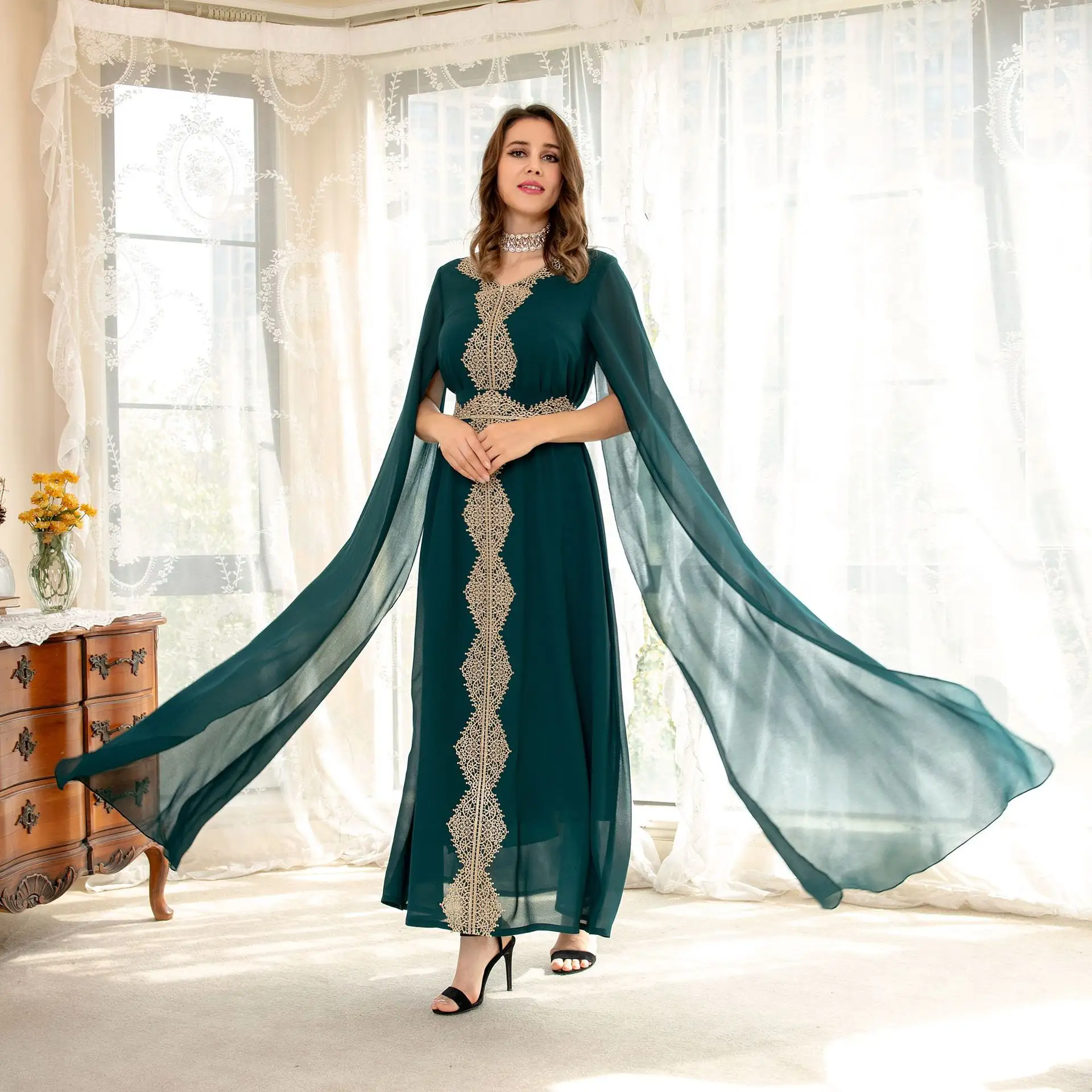 Eid Abaya Áo Kaftan Vải Voan Thổ Nhĩ Kỳ Dubai Quần Áo Hồi Giáo Áo Choàng Hồi Giáo Váy Tay Áo Áo Choàng Nữ