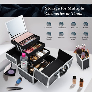 Portable <b>Makeup</b> Artist <b>Case</b> with Mirror Detachable Brush Holder Large Cosmetic Train <b>Case</b> Lockable Nail Tech <b>Makeup</b> Storage - Product Image 2