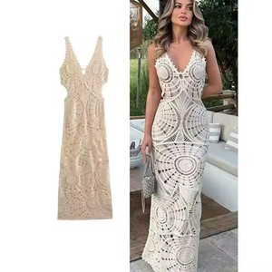 <span class=keywords><strong>Vestiti</strong></span> da donna per vacanze <span class=keywords><strong>in</strong></span> spiaggia <span class=keywords><strong>eleganti</strong></span> con scollo a V senza maniche Vestidos a tinta unita lavorati a <span class=keywords><strong>maglia</strong></span> abiti lunghi all'uncinetto - Product Image 1