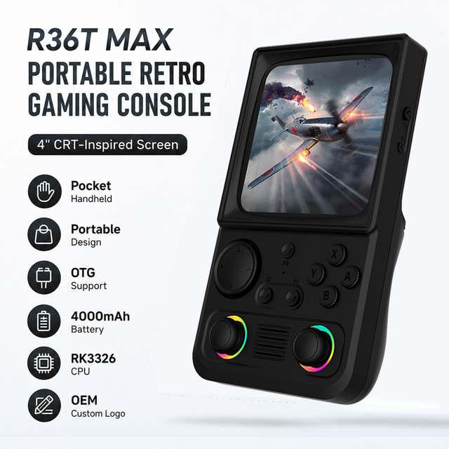 R36T MAX Portable Gaming Console 4'' CRT-Inspired Screen RK3326 4000mAh Battery OTG Pocket Handheld Game Console OEM Custom Logo