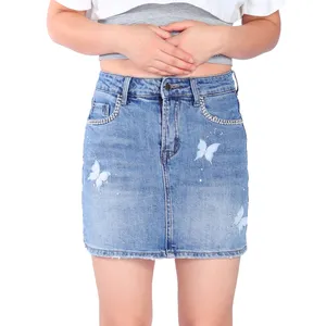 Mini jupes en jean avec impression papillon en dentelle et strass au design personnalisé pour femmes Offres Spéciales jupe crayon d'été en jean