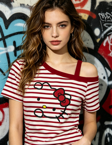 <span class=keywords><strong>T</strong></span>-<span class=keywords><strong>shirt</strong></span> rayé rouge et blanc Y2K pour femme, avec imprimé chat, coupe slim décontractée - Product Image 1