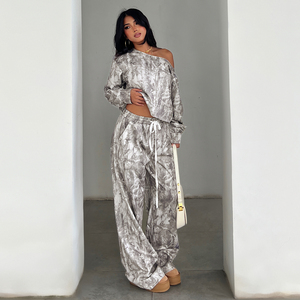 Ensemble deux pièces pour femmes, sweat-shirt à une épaule à imprimé camouflage, pantalon long, coupe ajustée, style streetwear américain décontracté - Product Image 5