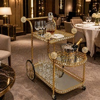 Chariot de service de luxe en verre miroir et métal doré pour salle à manger, hôtel, banquet, événement, fête, mariage, chariot à desserts, bar à domicile, chariot à boissons