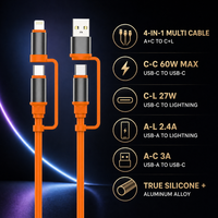 Kabel Pengisian Daya Multi 4 in 1 Tipe C USB 60W Kabel Data Silikon Pengisian Cepat untuk Ponsel Laptop
