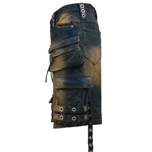 Pantalones Cortos Cargo de Mezclilla para Hombre, Estilo Vintage, con Múltiples Bolsillos y Ojales, Lavados - Product Image 3