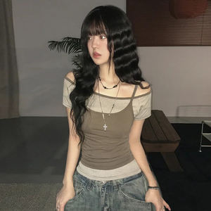 Conjunto de Dos Piezas para Mujer, Estilo Vintage, con Rayas y Parches, Camiseta con Hombros Descubiertos, Diseño en Capas, Bloques de Color, Corte Ajustado, Sexy, Ropa Urbana, Top de Verano - Product Image 6