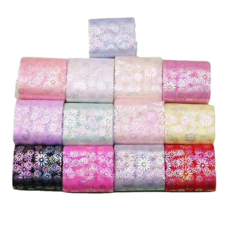 Wholesale 60mm Wide Printed shiny laser Colorful Flower Pattern Tulle Mesh Fabric Ribbon For Hair Bows Decoration Crafts