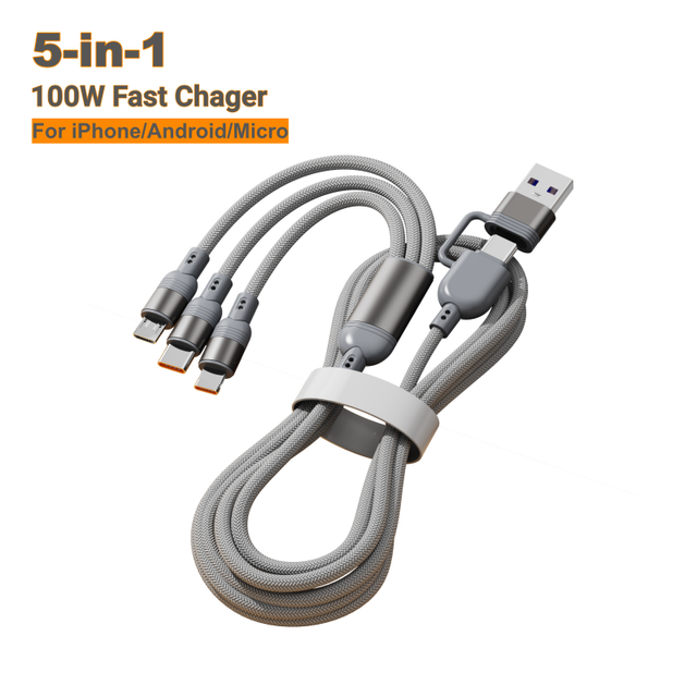 100W High Speed 5 in 1 Data Cable Fast Charging Nylon Braided Multifunction Micro USB Type C Charger Cable USB Cable