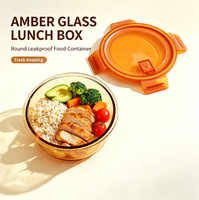 Bol en verre rond ambré de 420 ml, compatible micro-ondes, boîte à lunch bento pour employés de bureau, récipient de stockage alimentaire pour réchauffer et conserver les repas