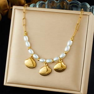 Collier pendentif en acier inoxydable style marin, étanche, inaltérable, plaqué or PVD 18 carats, avec perle, pour femme - Product Image 1