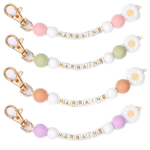 Porte-clés en silicone avec perles (Marraine/Patenteante/Témoin/Tata), joli porte-clés marguerite pour femme, cadeau de baptême - Product Image 5