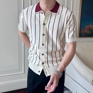 Men's Knit Striped Polo Collar Neck <strong>Shirt</strong> Sweater Striped Short-sleeved Polos Knitted Button up Knitted <strong>Shirt</strong> for Men - Product Image 6