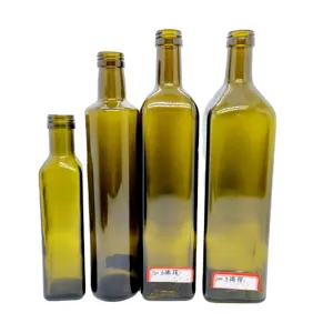 Vista bottiglie quadrate di vetro verde antico 250ml 500ml 750ml 1000ml per olio d'oliva con tappo in alluminio a vite