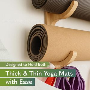 Support mural en bois pour tapis de yoga, 2 niveaux avec 4 crochets pour équipement de gym - Product Image 5