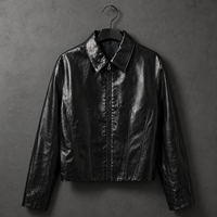 Veste zippée en cuir d'agneau léger pour homme, coupe décontractée, noir brillant, OEM ODM