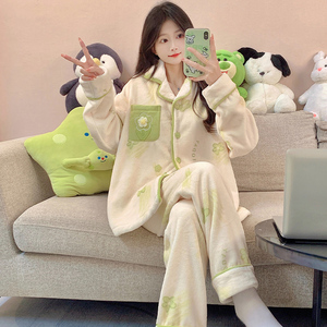 Pijamas de invierno para mujer, cárdigan de franela, solapa, dibujos animados, pijama dulce, traje, conjuntos de ropa de dormir - Product Image 4