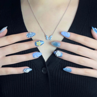 Ongles à presser en acrylique transparent bleu marbré, motif fleur 3D, coquillage, perle et paillettes, forme amande, courts, 10 pièces, vente en gros personnalisée
