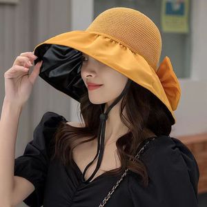 Sombrero de paja amarillo con ala ancha y lazo desmontable ajustable para mujer, protección solar para viajes al aire libre y ciclismo - Product Image 1
