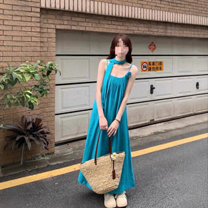 Lake Blue Halter Neck A-Line Dress Empire Waist Solid Color 3D Decoration Summer Beach Vacation Wear - Product Image 4