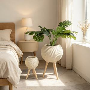 Leaf Embossed Spherical Tripod Plant Pot Set of 2, <b>Ball</b>-shaped Textured Standing Flower Planter with Wooden Legs, Indoor Outdoor - Product Image 1